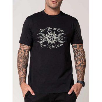 

Sun and Moon Slogan Print Graphic T-shirt Short Sleeve Round Neck Casual Tee, Black