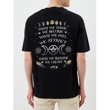 

Short Sleeve Graphic Print T Shirt Moon Phase Slogan Print Round Neck Casual Tee, Black