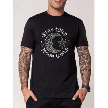 

Moon and Star Slogan Graphic Print T Shirt Short Sleeve Round Neck Casual Tee, Black
