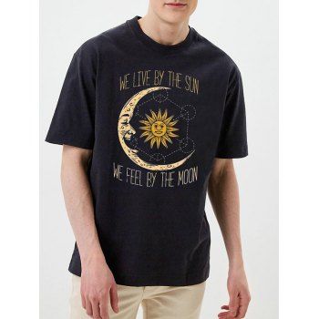 

Celestial Sun and Moon Slogan Graphic T-shirt Short Sleeve Round Neck Casual Tee, Black