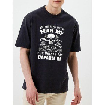 

Letter and Skull Print Casual T Shirt Short Sleeve Round Neck Tee, Black
