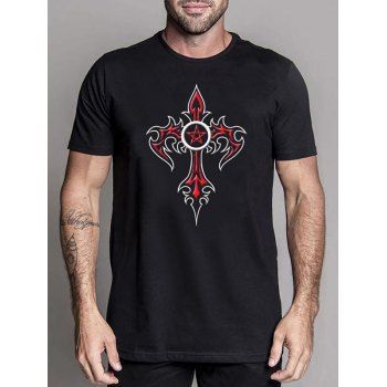 

Cross Star Graphic Print Casual T Shirt Short Sleeve Round Neck Tee, Black