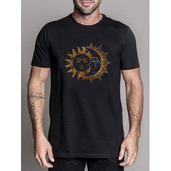 

Celestial Sun and Moon Print Casual T Shirt Short Sleeve Round Neck Tee, Black