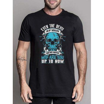 

Skull and Slogan Graphic Print Casual T Shirt Short Sleeve Round Neck Tee, Black