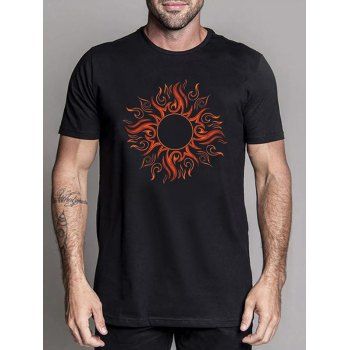 

Celestial Sun Print Casual T Shirt Short Sleeve Round Neck Tee, Black