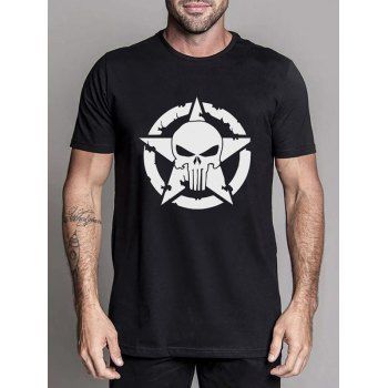 

Star and Skull Print Casual T Shirt Short Sleeve Round Neck Tee, Black