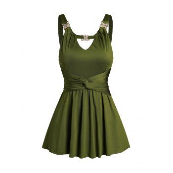 

Cut Out Twist Front Bowknot Belt Tank Top Solid Color Rhinestone Detail Casual Tank Top, Deep green