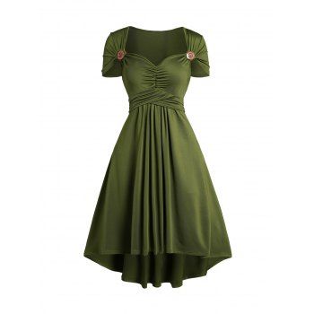 

Solid Color Ruched Crossover High Low Midi Dress Sweetheart Neck Short Sleeve High Waist Dress, Deep green