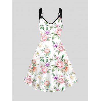 

Flower Allover Print A Line Dress O Ring V Neck Sleeveless Casual Tank Dress, White