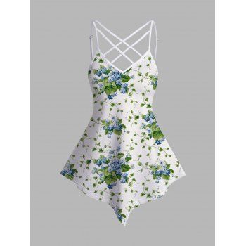

Floral Allover Print Asymmetric Camisole Crisscross Adjustable Spaghetti Strap Tank Top, White