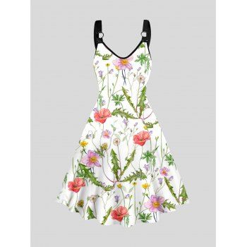 

Flower and Plant Print A Line Dress O Ring Fresh Style Casual Dress, Multicolor