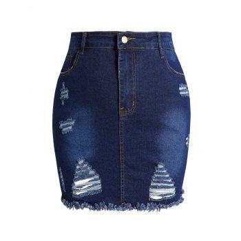

Plus Size Denim Skirt Zipper Fly Ripped Frayed Hem Multi Pockets Mini Denim Skirt, Deep blue