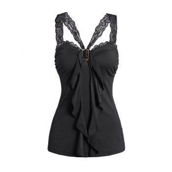 

See Thru Lace Panel Tank Top Ruffle Plain Color Casual Tank Top, Black