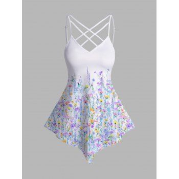 

Allover Floral Print Asymmetric Camisole Crisscross Adjustable Straps Casual Tank Top, White