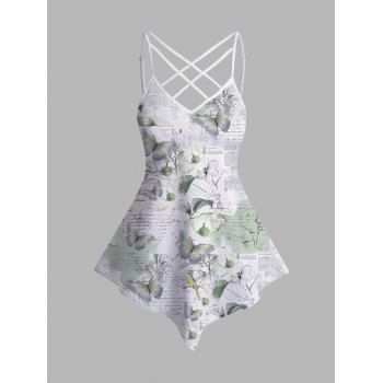 

Allover Floral Newspaper Butterfly Print Asymmetrical Camisole Adjustable Spaghetti Straps Crisscross Casual Tank Top, White