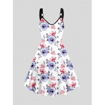 

Flower Allover Print A Line Dress O Ring V Neck Sleeveless Casual Tank Dress, Multicolor