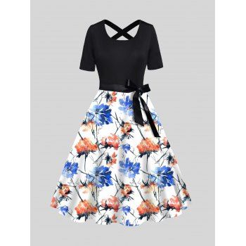 

Aquarelle Flower Print Belt A Line Dress Short Sleeve Back Cross Midi Dress, White