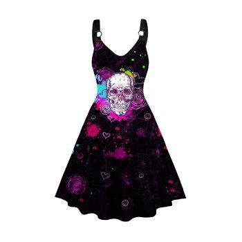 

Skull and Rose Print Gothic Dress A Line Sleevless Straps Casual Dress, Black