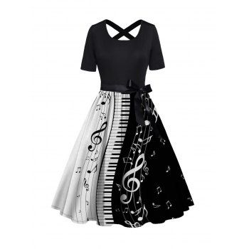 

Music Note Print Bowknot Belt A Line Dress Cross Colorblock Short Sleeve Dress, Black