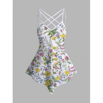 Floral Allover Print Asymmetric Camisole Crisscross Adjustable Spaghetti Strap Tank Top, Multicolor