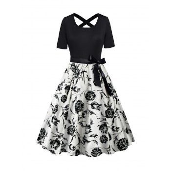 

Flower Print Belt A Line Dress Bowknot Short Sleeve Midi Dress, White