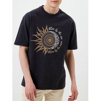 

Sun And Moon Slogan Graphic Print T Shirt Short Sleeve Round Neck Casual Tee, Black