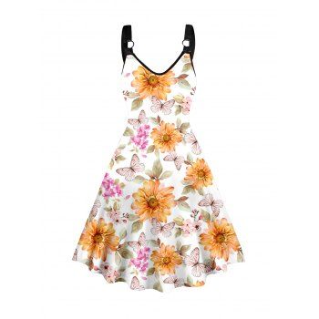 

Butterfly and Flower Print Vacation Dress Sleeveless A Line O Ring Dress, White