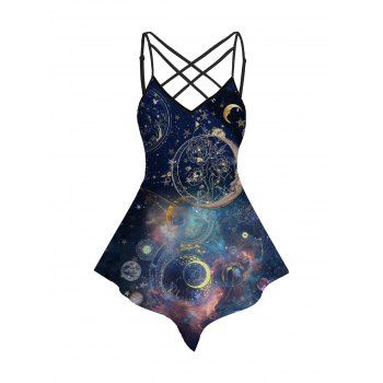 

Star Sky and Moon Print Casual Tank Top Adjustable Straps Crisscross Top, Multicolor