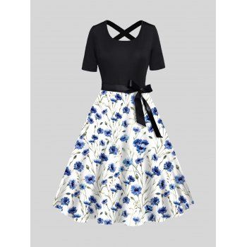 

Flower Print Belt A Line Dress Bowknot Short Sleeve Midi Dress, Blue