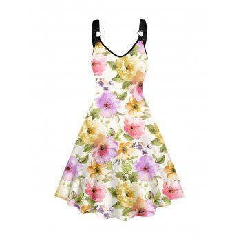 

Allover Flower Print A Line Dress V Neck O Ring Vacation Dress, Multicolor