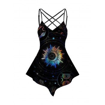 

Star Sky and Moon Print Casual Tank Top Adjustable Straps Crisscross Top, Black