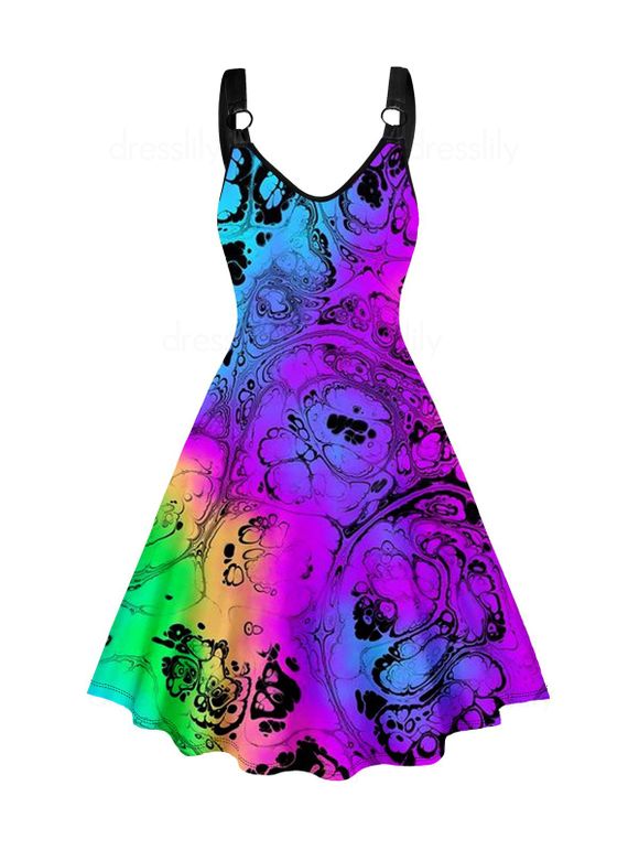 Psychedelic Print Ombre Straps Sleeveless Tank Dress O Ring A Line Dress - multicolor XXL