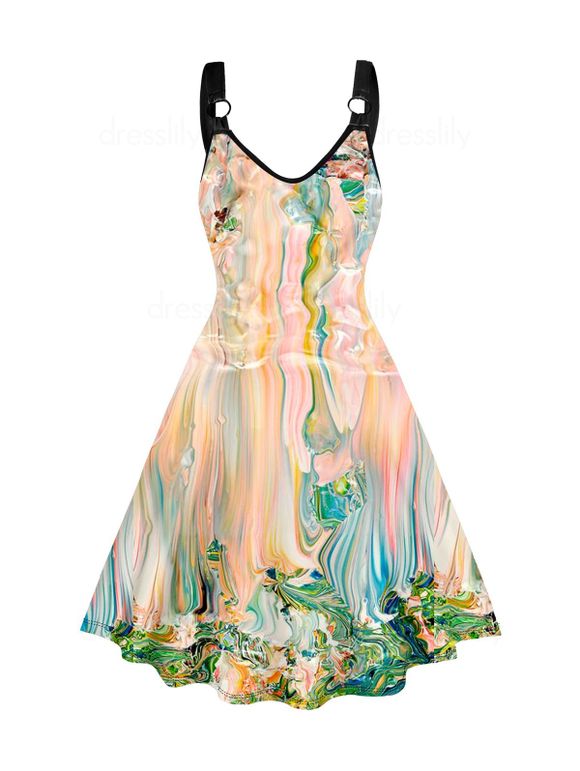 Psychedelic Shell Print V Neck Dress O Ring Straps Sleeveless A Line Dress - multicolor XXL