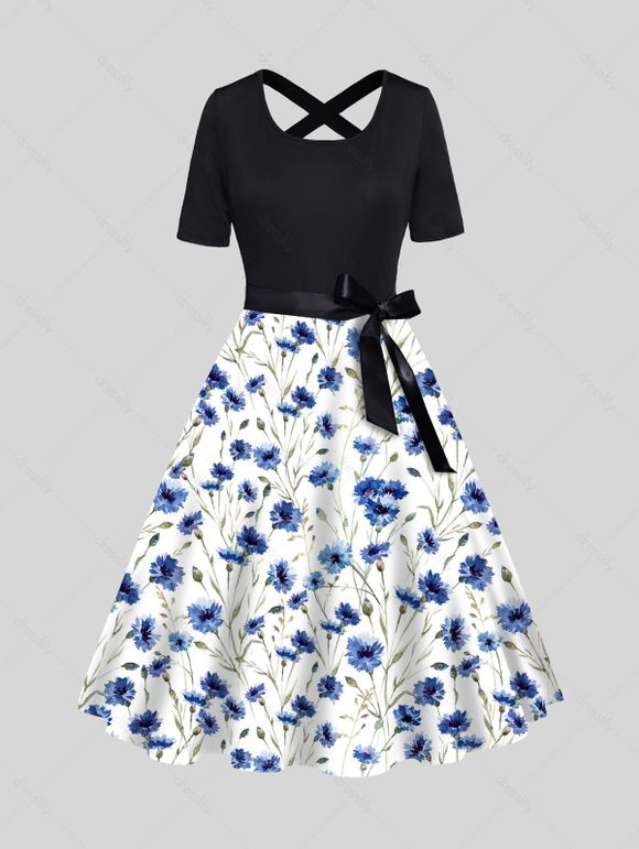 Flower Print Belt A Line Dress Bowknot Short Sleeve Midi Dress - BLUE XXL