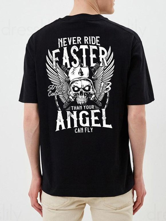 T-shirt Décontracté à Imprimé Slogan Crâne et Ailes à Manches Courtes - Noir XXXL