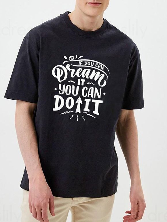 T-shirt Décontracté à Imprimé Slogan YOU CAN DO IT à Col Rond à Manches Courtes - Noir XXXL