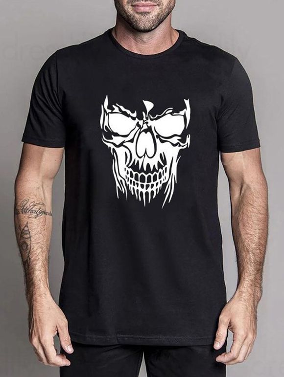 Skull Print Casual Tee Round Neck Short Sleeve T Shirt - BLACK XXXL