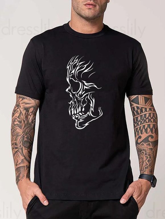 T-shirt Décontracté à Imprimé Crâne Manches Courtes à Col Rond - Noir XXXL
