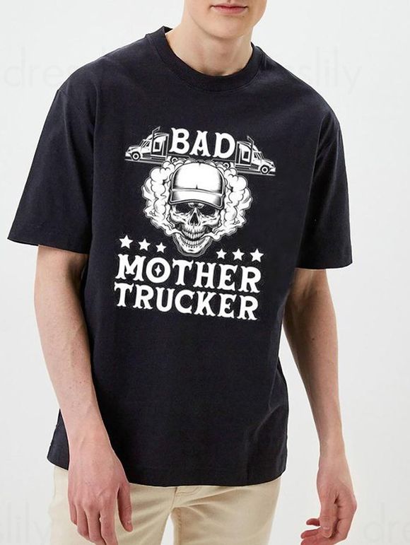 T-Shirt Décontracté Manches Courtes à Col Rond à Imprimé Crâne et Slogan - Noir XXXL