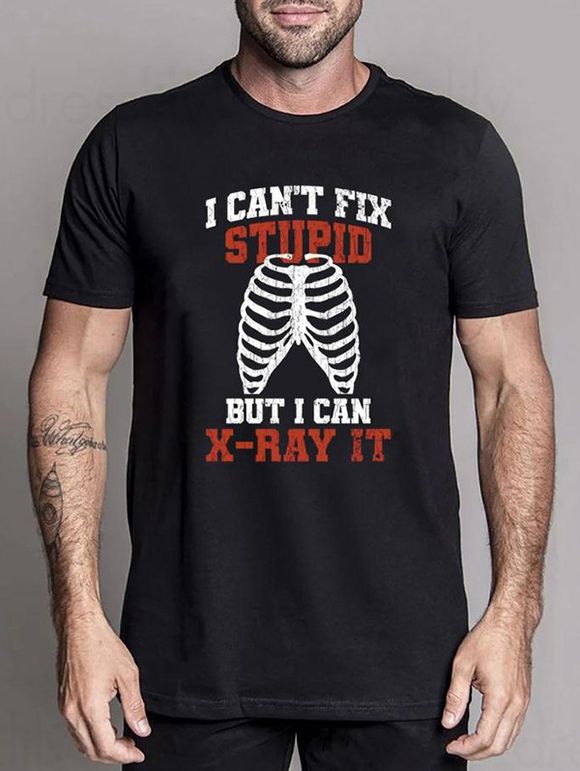 T-shirt Décontracté à Imprimé Slogan Crâne Manches Courtes à Col Rond - Noir XXXL