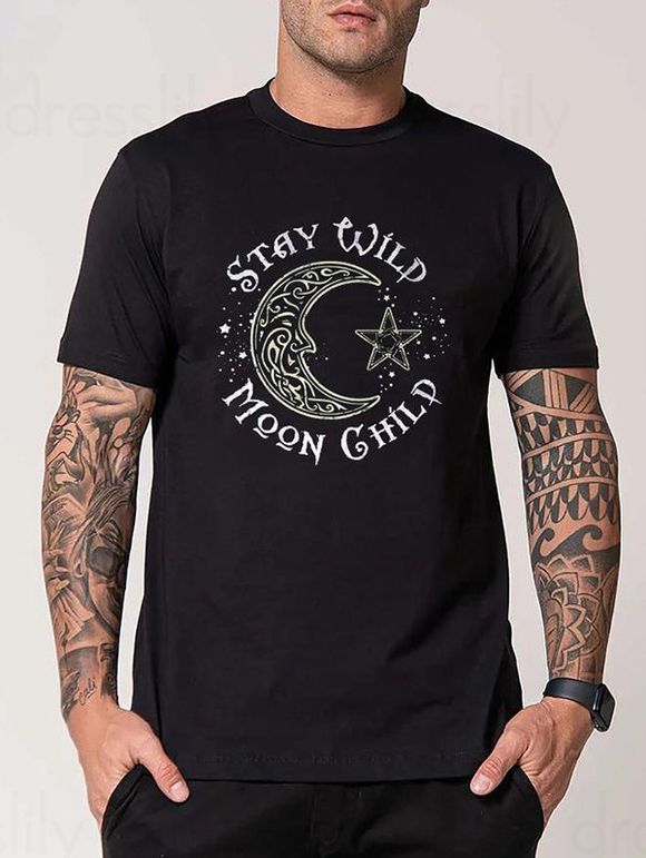 Moon and Star Slogan Graphic Print T Shirt Short Sleeve Round Neck Casual Tee - BLACK XXXL