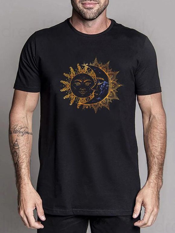 T-shirt Décontracté à Imprimé Lune et Soleil Manches Courtes à Col Rond - Noir XXXL