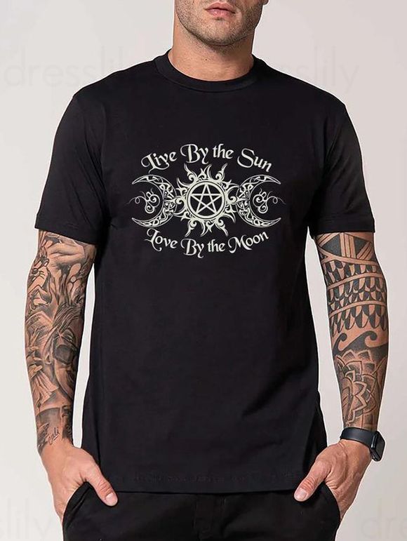 Sun and Moon Slogan Print Graphic T-shirt Short Sleeve Round Neck Casual Tee - BLACK XXXL