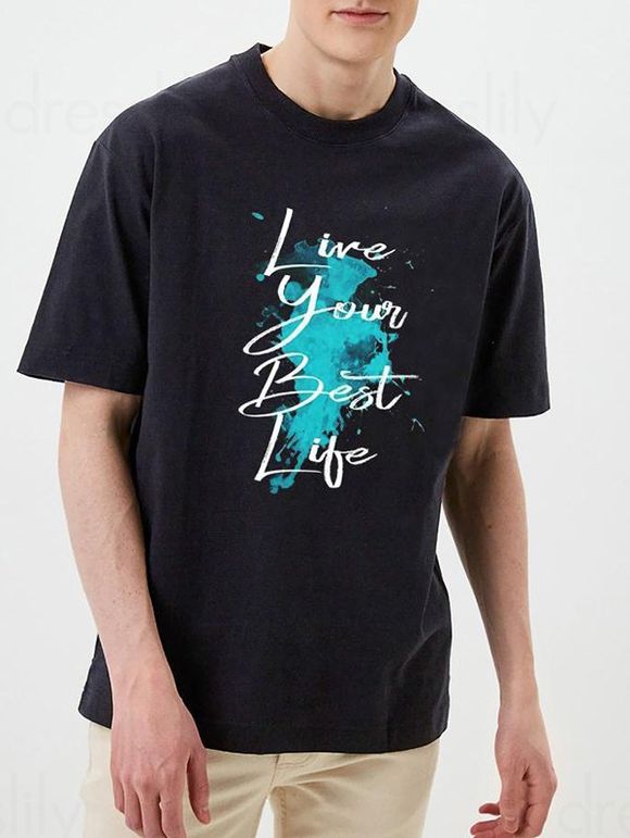 T-shirt Décontracté à Imprimé Slogan LIVE YOUR BEST LIFE à Col Rond à Manches Courtes - Noir XXXL