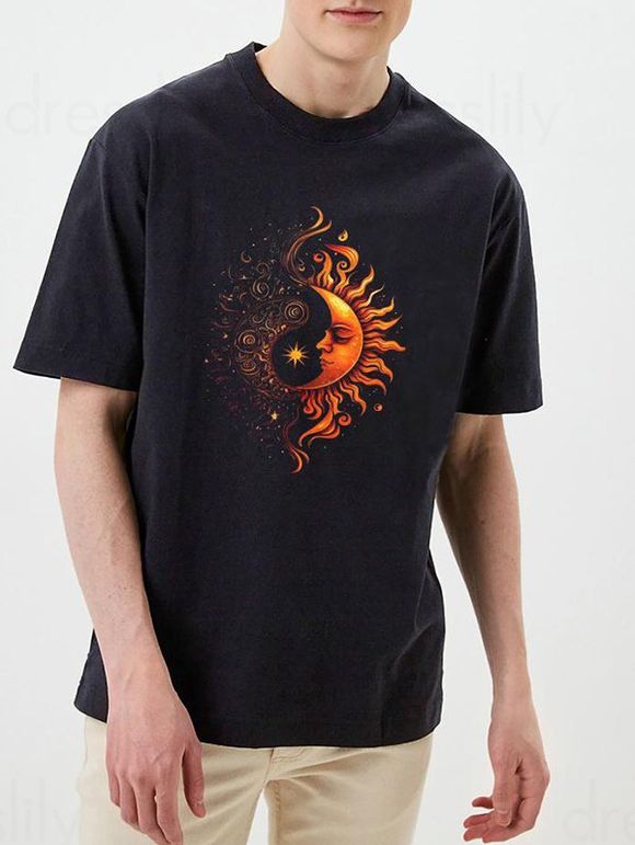 T-shirt Décontracté à Imprimé Lune Celestial Manches Courtes à Col Rond - Noir XXXL