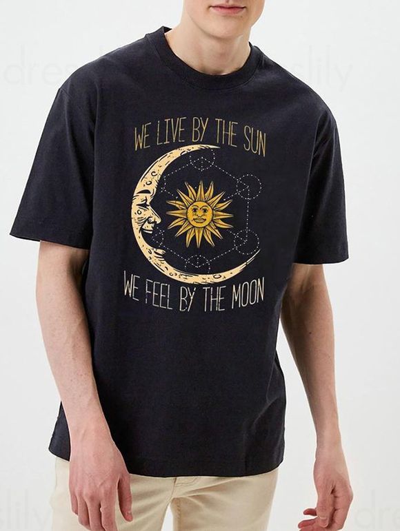 Celestial Sun and Moon Slogan Graphic T-shirt Short Sleeve Round Neck Casual Tee - BLACK XXXL