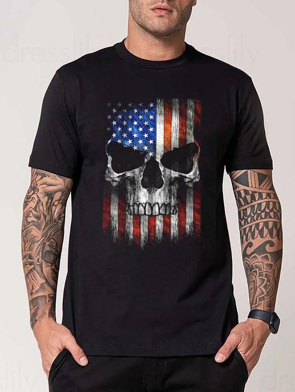 Skull and Flag Print Casual T Shirt Short Sleeve Round Neck Tee - BLACK XXXL