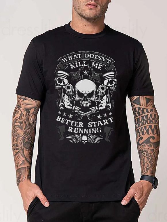 Slogan and Skull Print Casual T Shirt WHAT DOESN'T KILL ME Print Short Sleeve Tee - BLACK XXXL