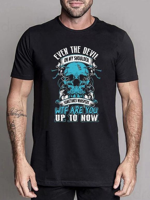 T-shirt Décontracté à Imprimé Slogan Crâne Graphique Manches Courtes à Col Rond - Noir XXXL