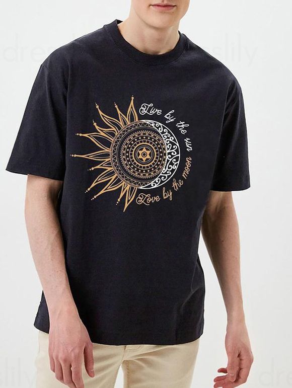 T-shirt Décontracté à Imprimé Graphique Lune et Soleil à Manches Courtes à Col Rond - Noir XXXL